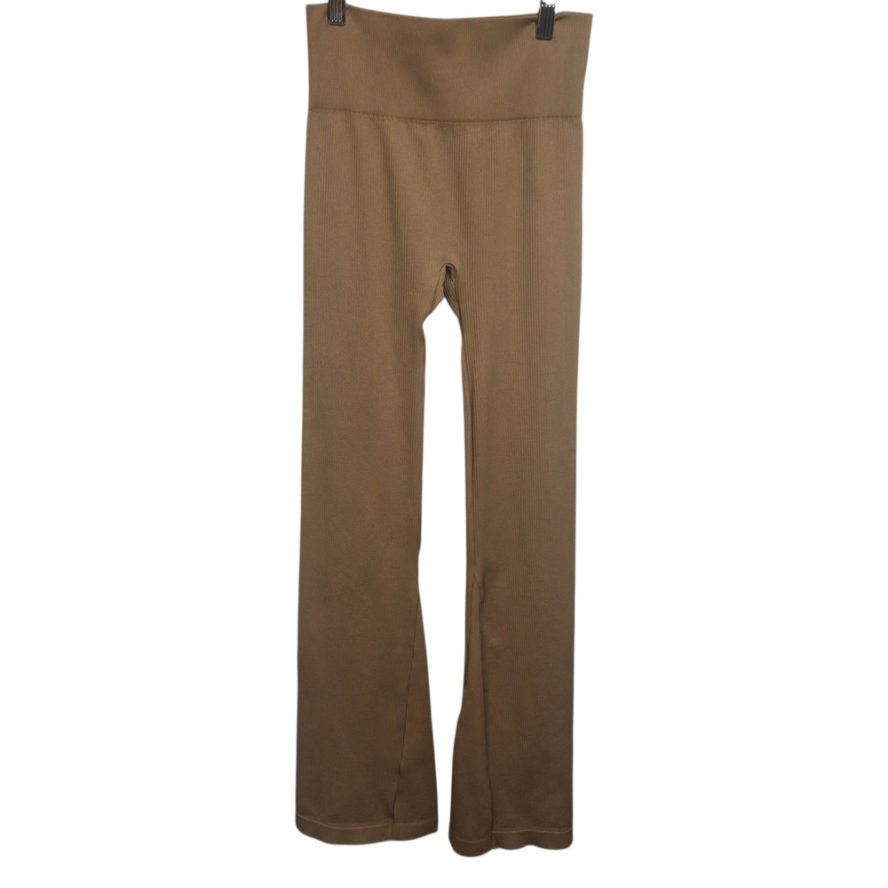 OQQ Womens Ribbed High Waisted Seamless Flare Yoga Pants Brown Size Small